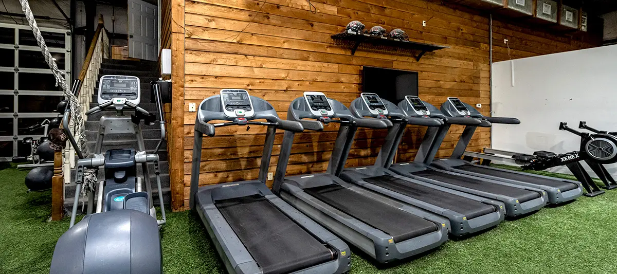 A bank of treadmills along a timber wall, with a rower and an elliptical beside them.